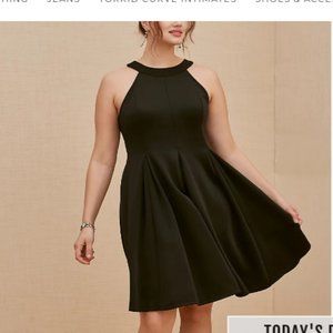 Black Scuba Knit Mini Fluted Dress